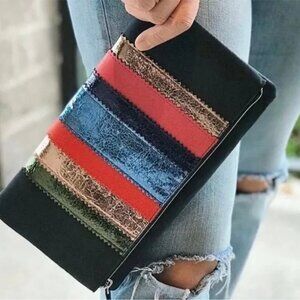 Stella & Dot Colorful Metallic Striped Navy-Blue Fold Over Clutch Pouch Bag